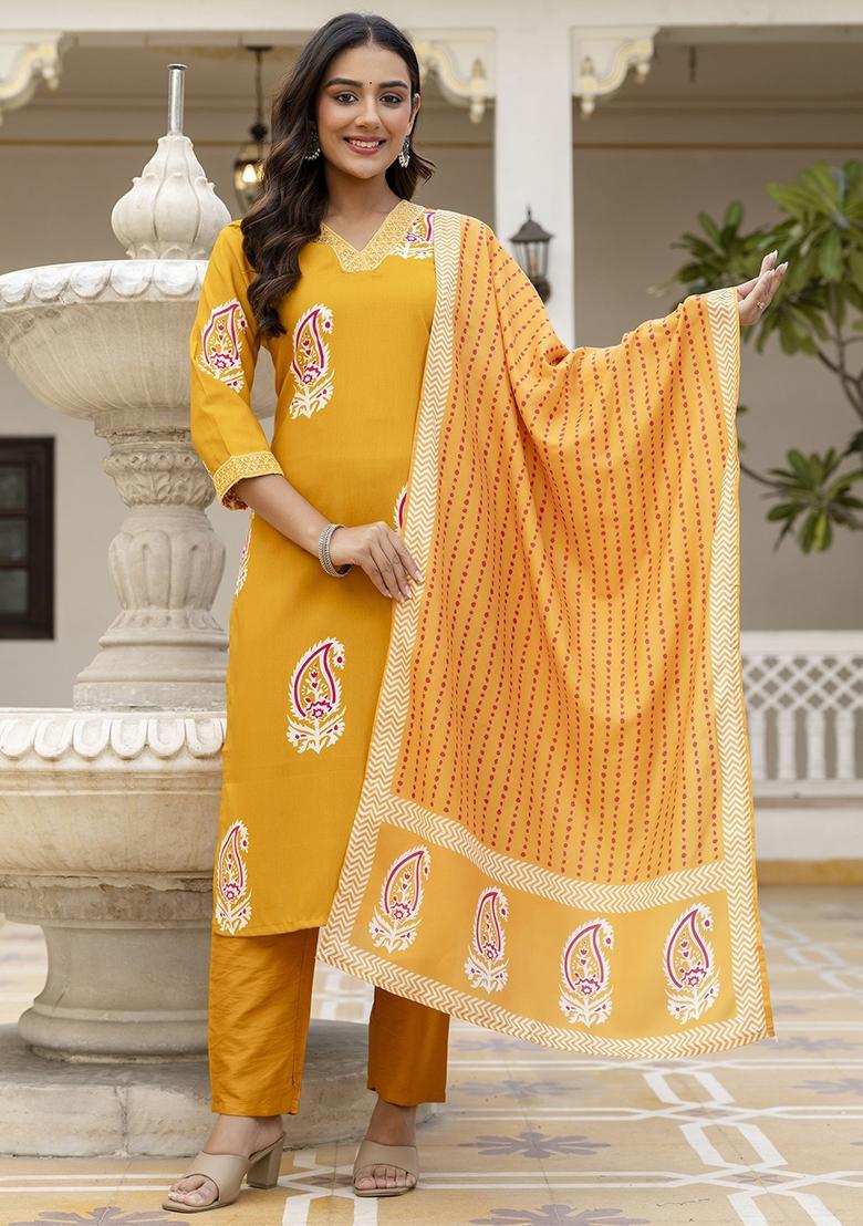 Yellow Abstract Print Rayon Kurta Set - Indya
