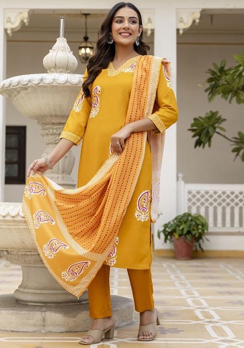 Yellow Abstract Print Rayon Kurta Set