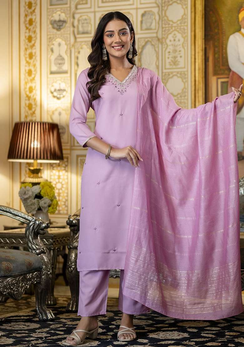 Pink Embroidered Viscose Straight Kurta Set - Indya