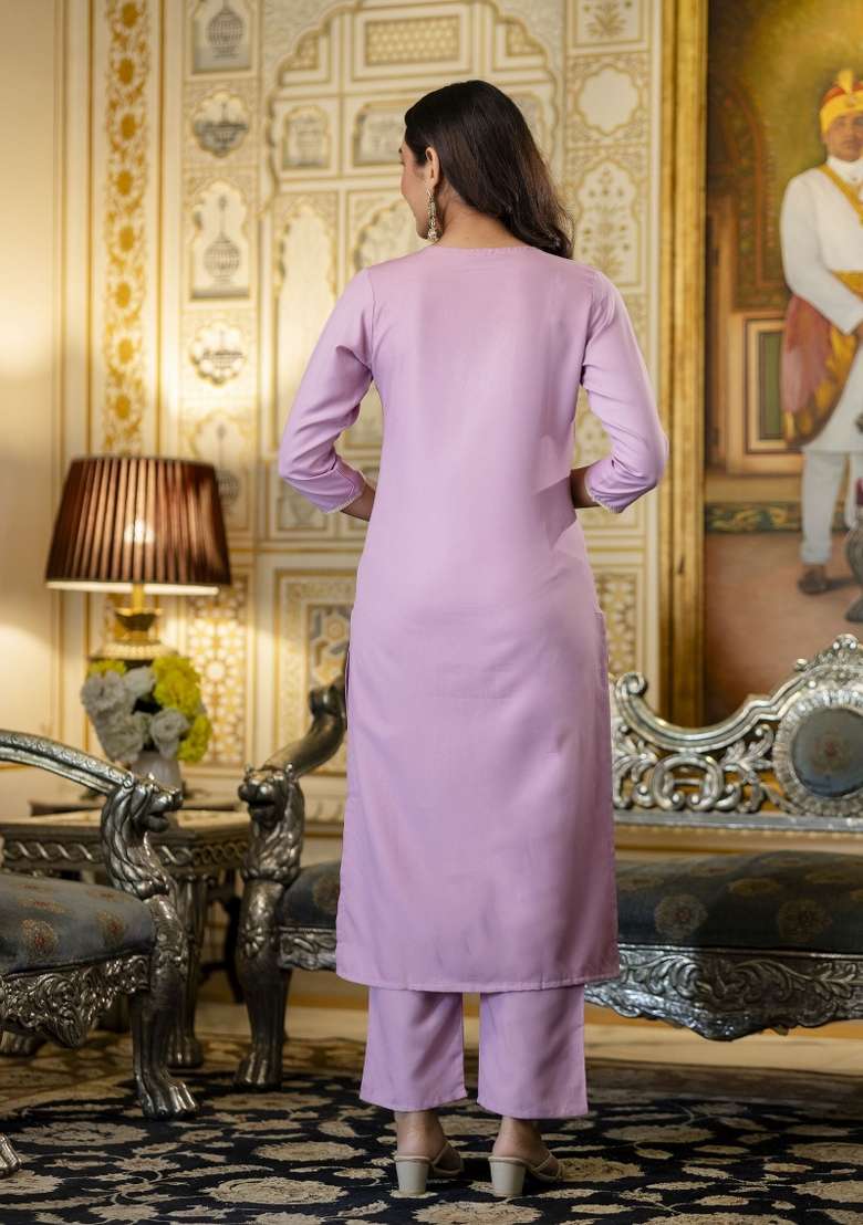 Pink Embroidered Viscose Straight Kurta Set - Indya