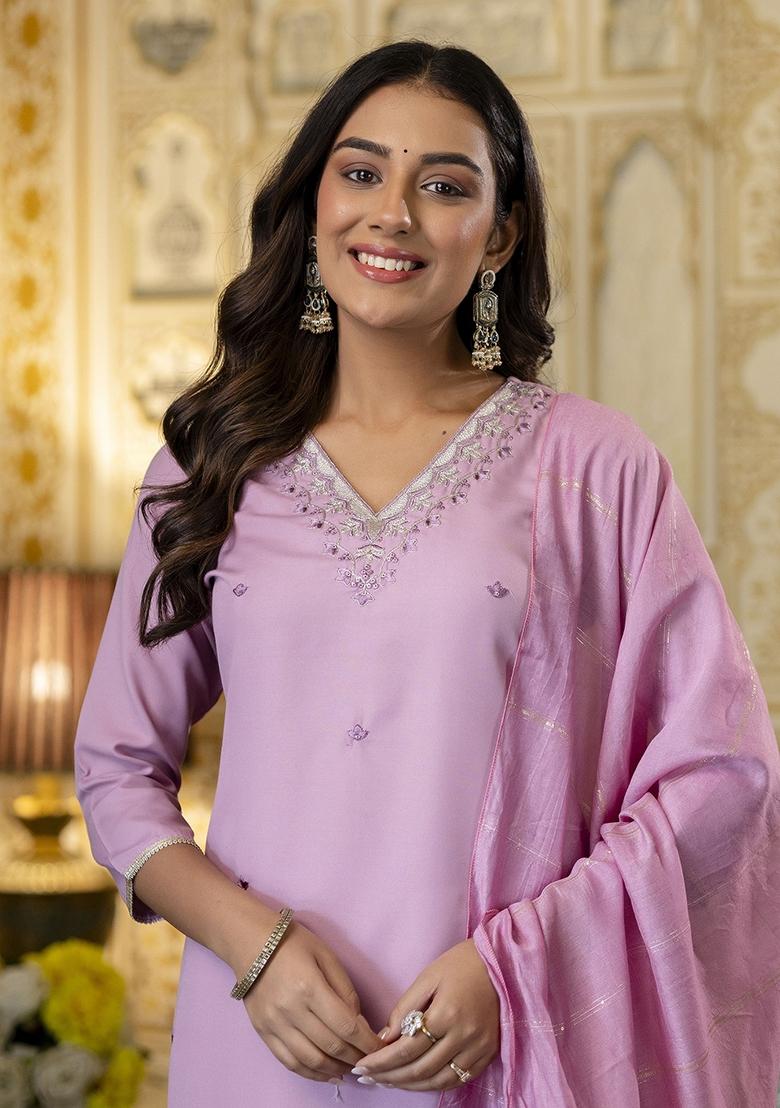 Pink Embroidery Viscose Kurta Set - Indya