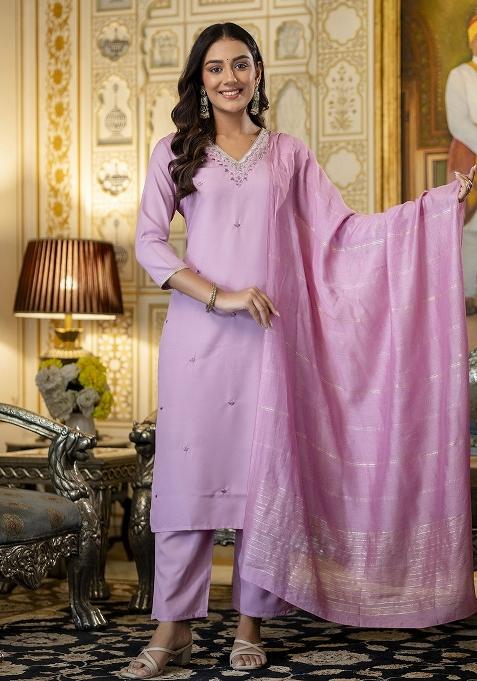 Pink Embroidery Viscose Kurta Set