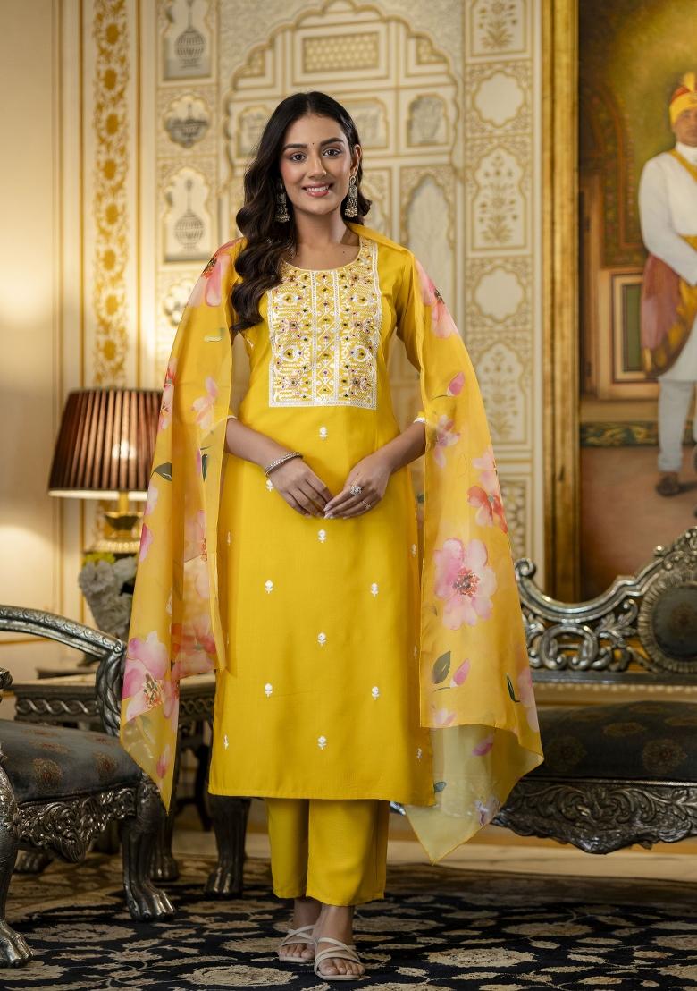 Yellow Embroidery Viscose Kurta Set - Indya