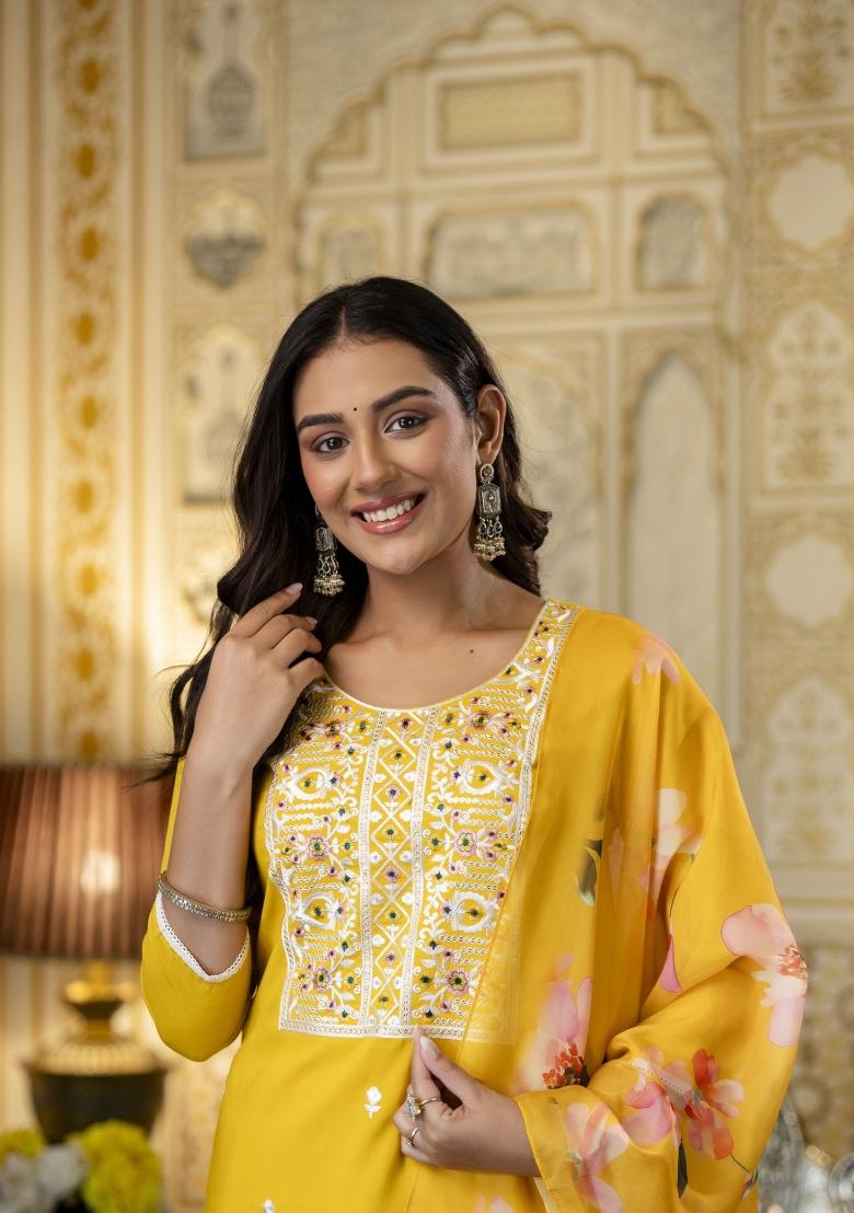 Yellow Embroidery Viscose Kurta Set - Indya