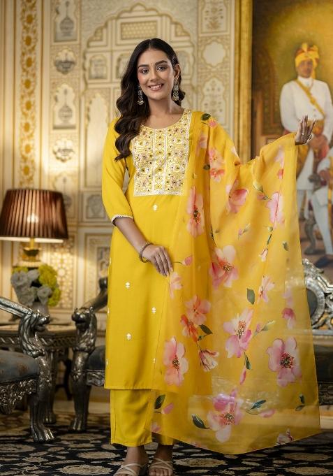 Yellow Embroidery Viscose Kurta Set