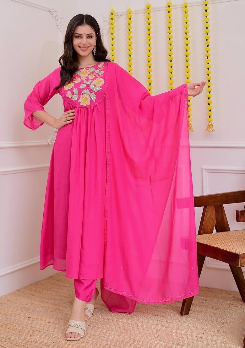 Pink Embroidery Chanderi Kurta Set - Indya