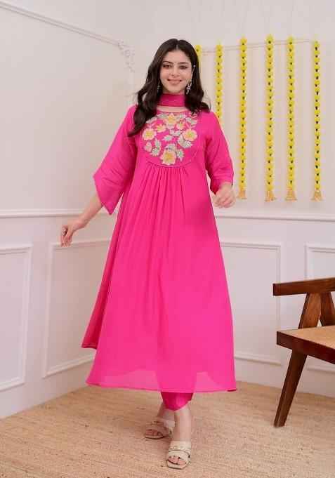 Pink Embroidery Chanderi Kurta Set