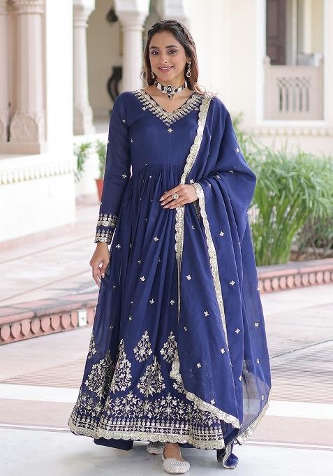 Blue Zari Work Silk Kurta With Dupatta