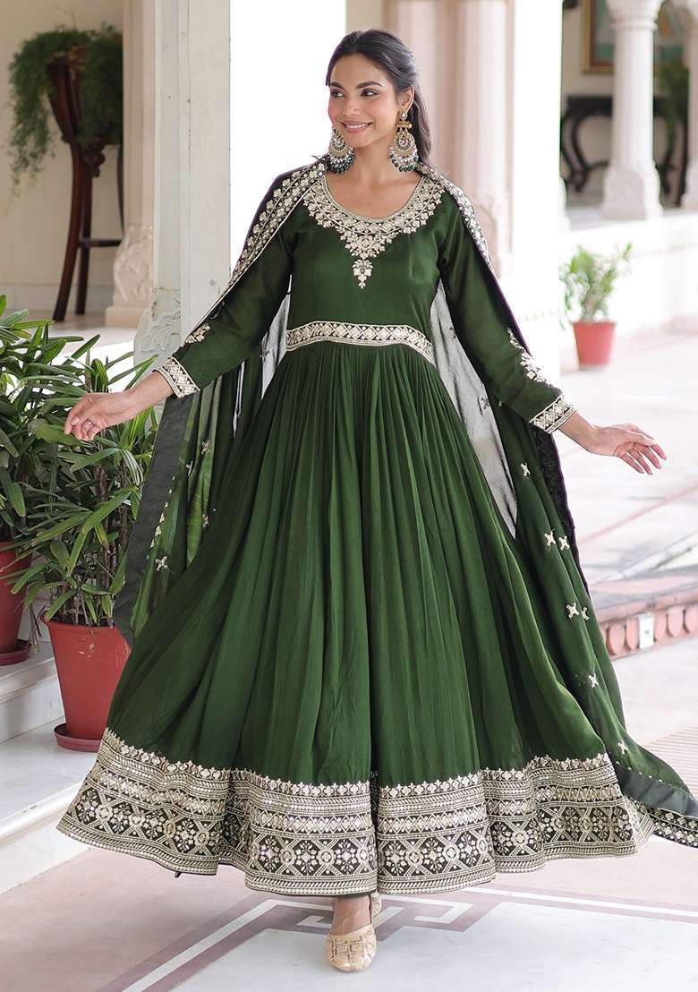 Green Zari Work Silk Kurta With Dupatta - Indya