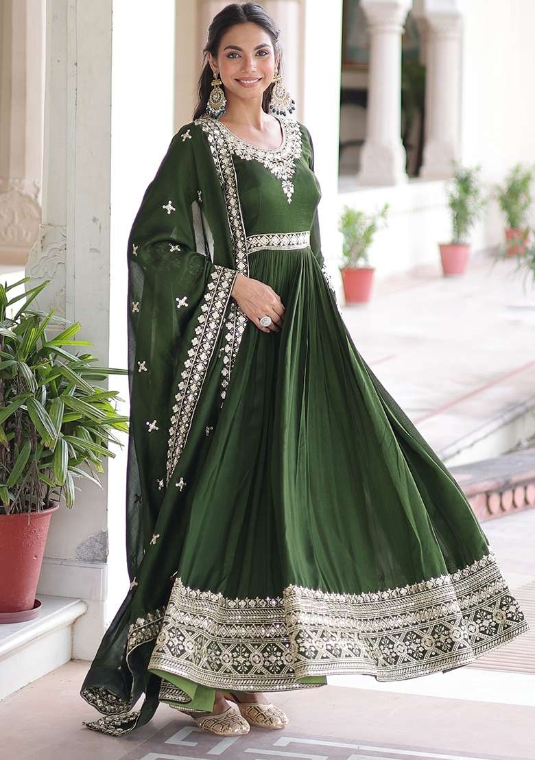 Green Zari Work Silk Kurta With Dupatta - Indya