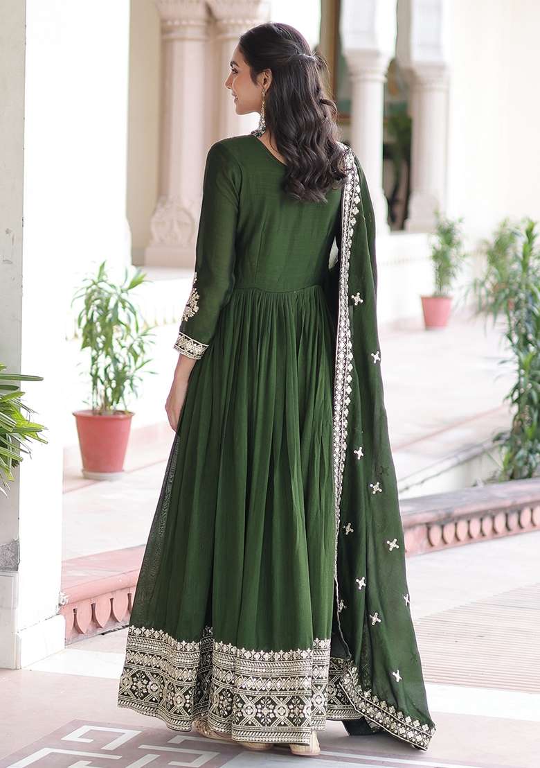 Green Zari Work Silk Kurta With Dupatta - Indya