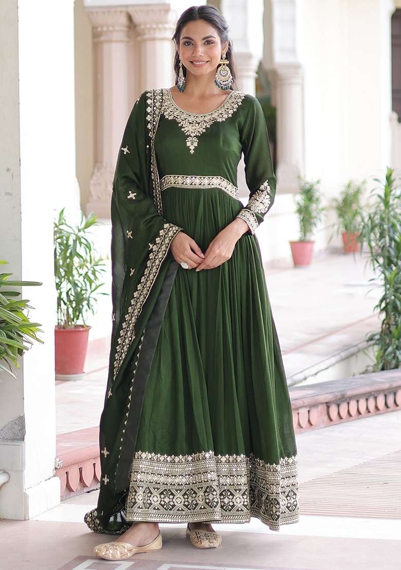 Green Zari Work Silk Kurta With Dupatta - Indya