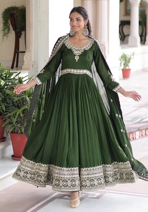 Green Zari Work Silk Kurta With Dupatta