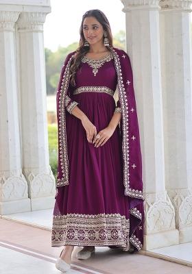 Purple Zari Work Silk Kurta With Dupatta