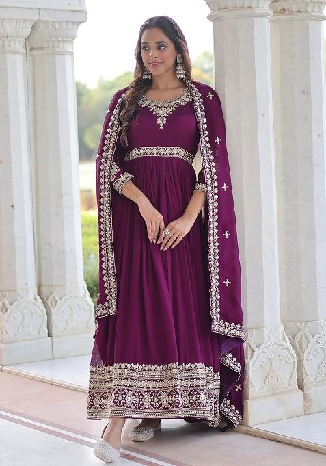 Purple Zari Work Silk Kurta With Dupatta