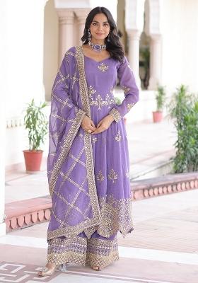 Lavender Zari Work Silk Kurta Set