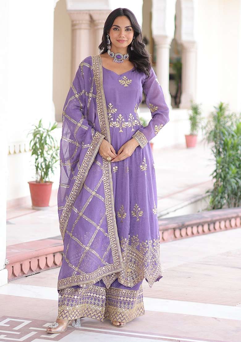 Lavender Zari Work Silk Kurta Set - Indya
