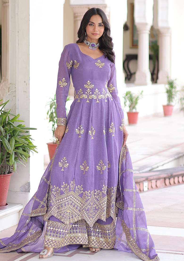 Lavender Zari Work Silk Kurta Set - Indya