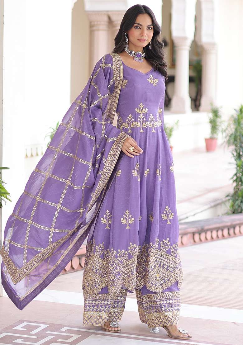 Lavender Zari Work Silk Kurta Set - Indya