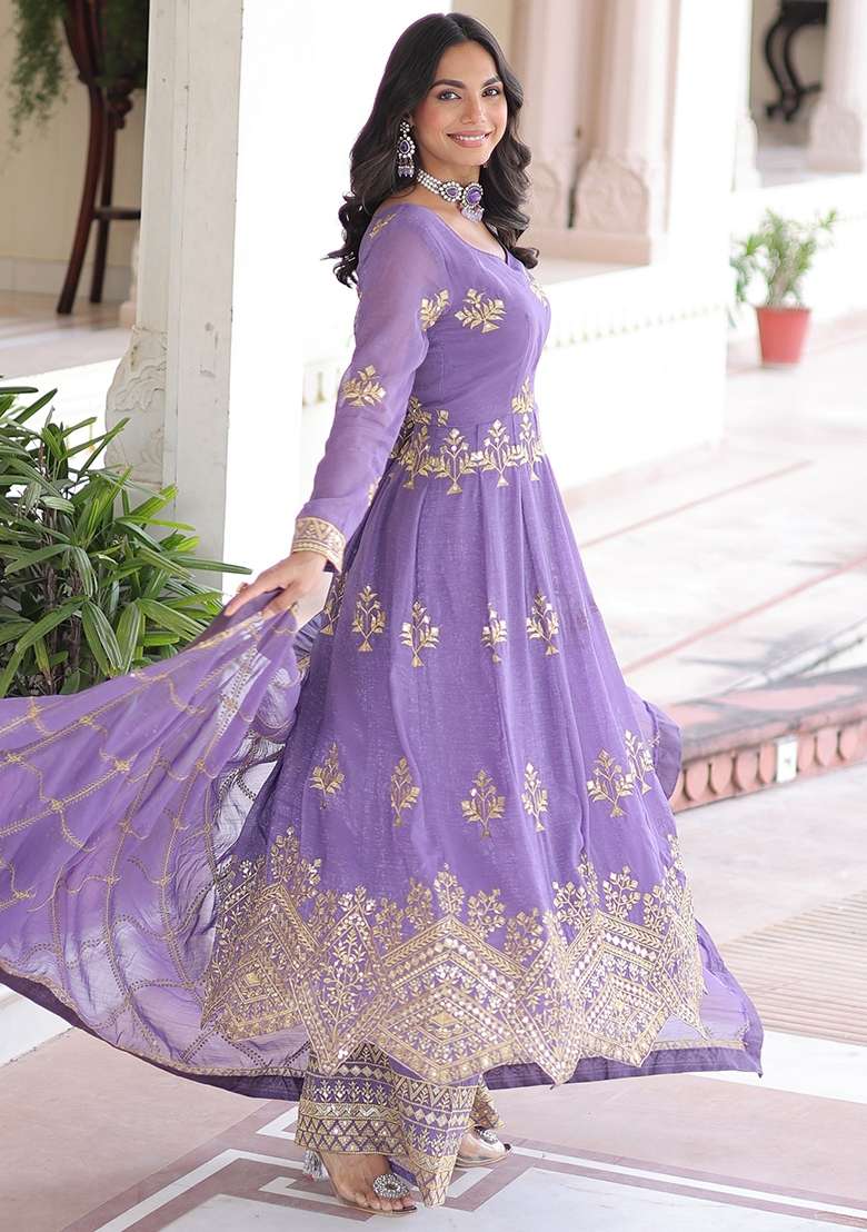 Lavender Zari Work Silk Kurta Set - Indya
