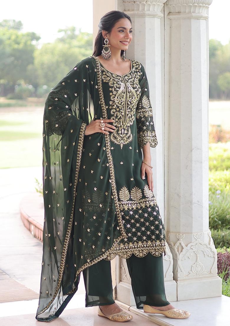 Green Zari Work Georgette Kurta Set - Indya