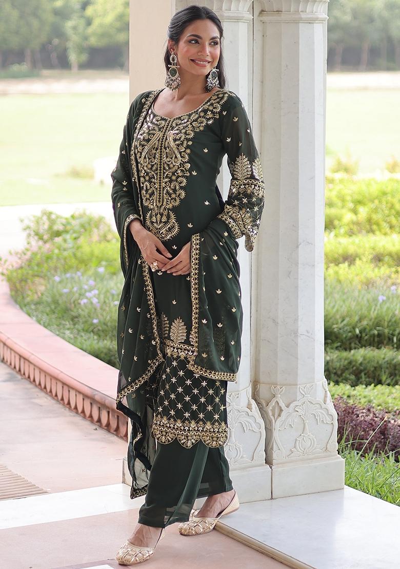 Green Zari Work Georgette Kurta Set - Indya