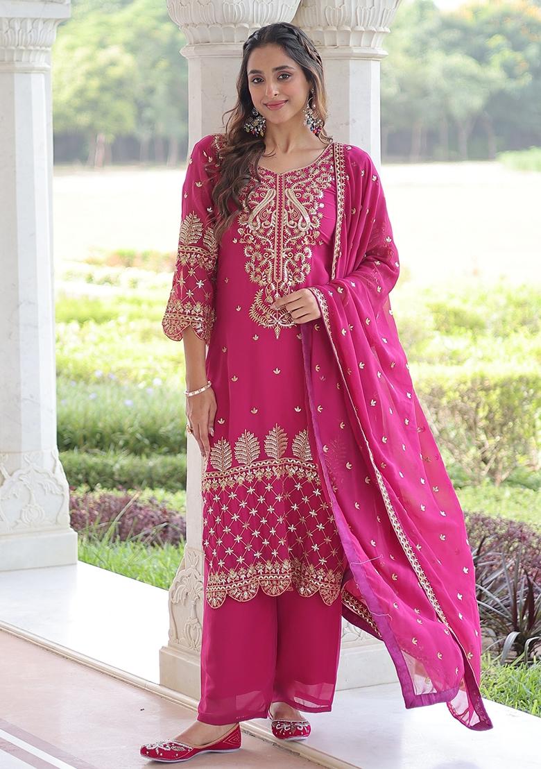 Pink Zari Work Georgette Kurta Set - Indya