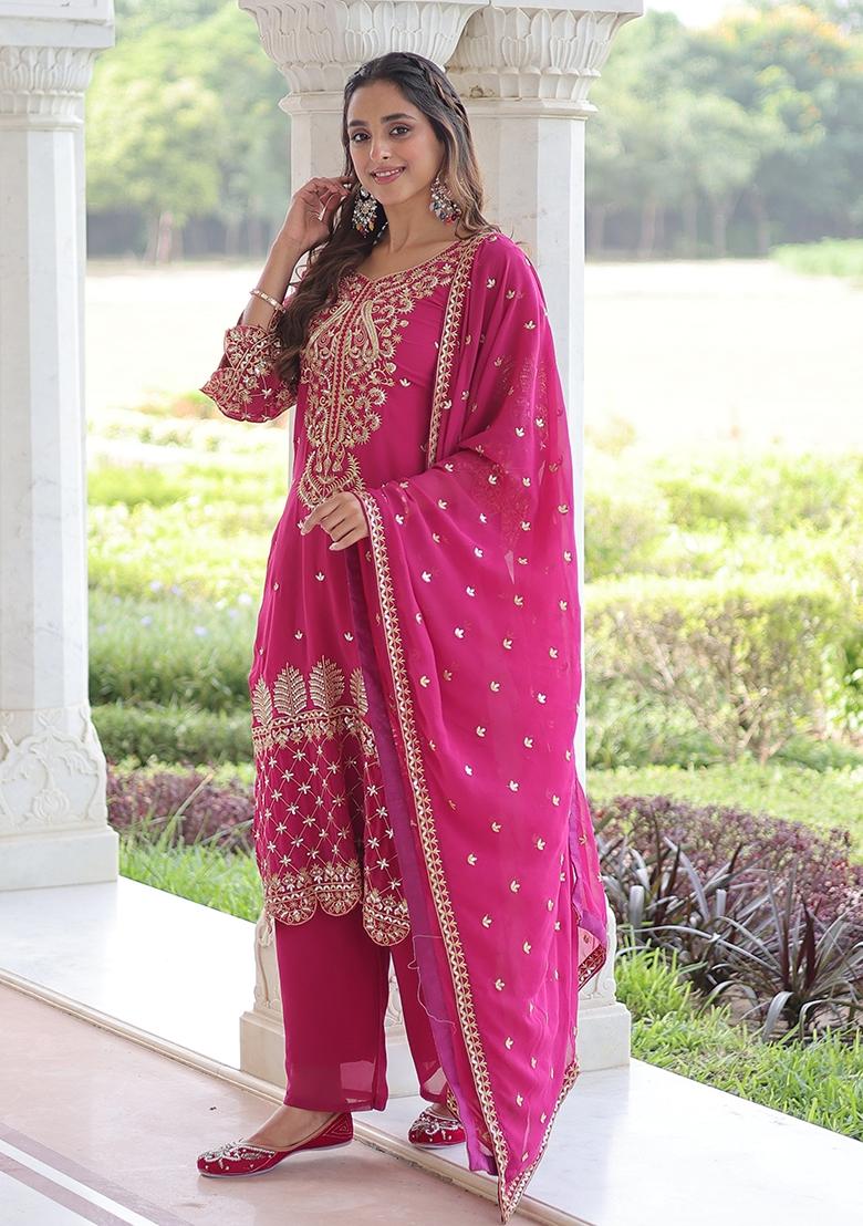 Pink Zari Work Georgette Kurta Set - Indya