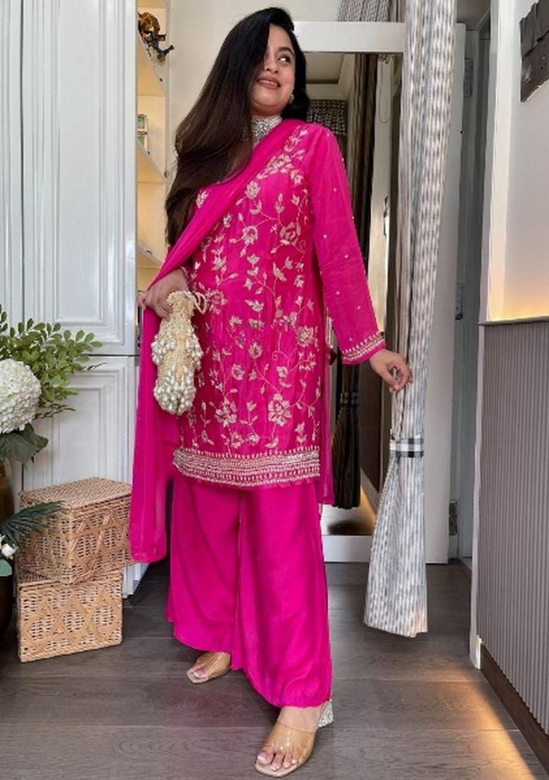 Pink Embroidery Chiffon Kurta Set - Indya