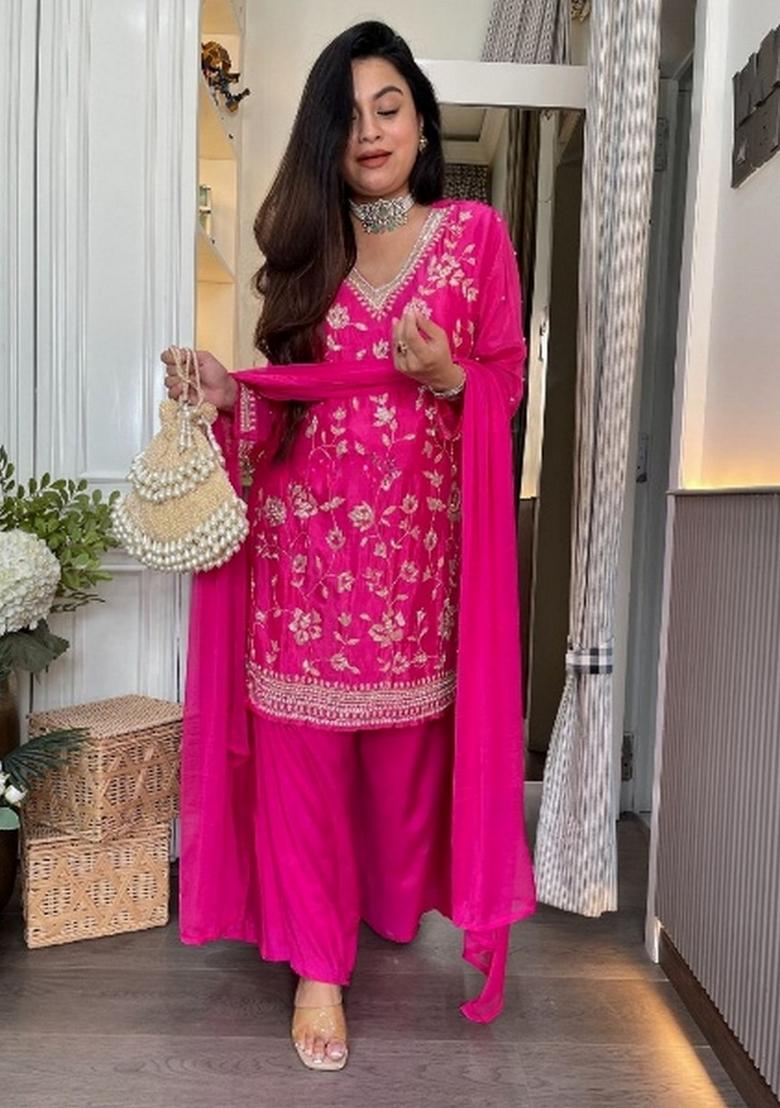 Pink Embroidery Chiffon Kurta Set - Indya