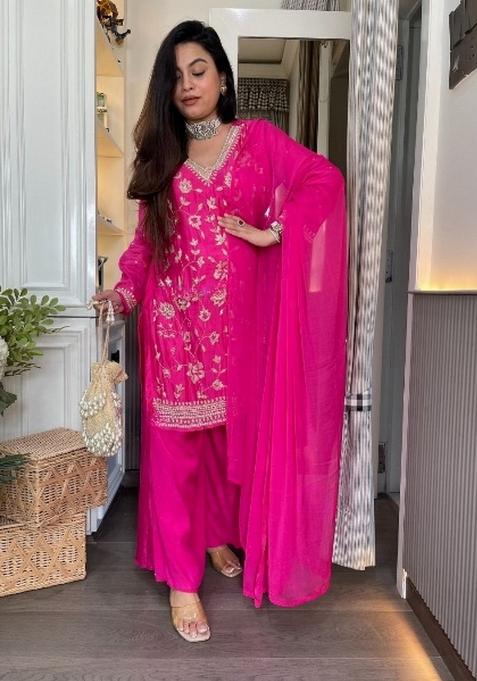 Pink Embroidery Chiffon Kurta Set