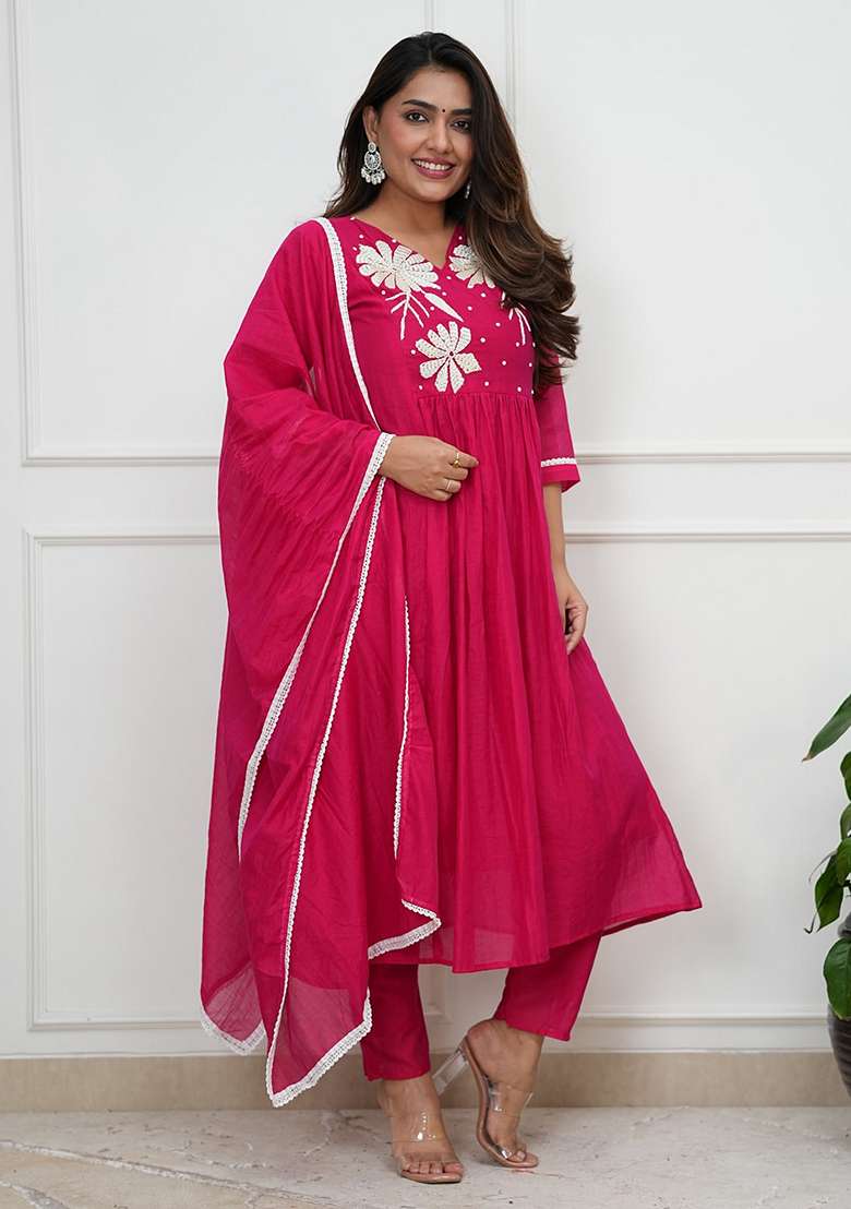 Pink Embroidered Silk Anarkali Set - Indya