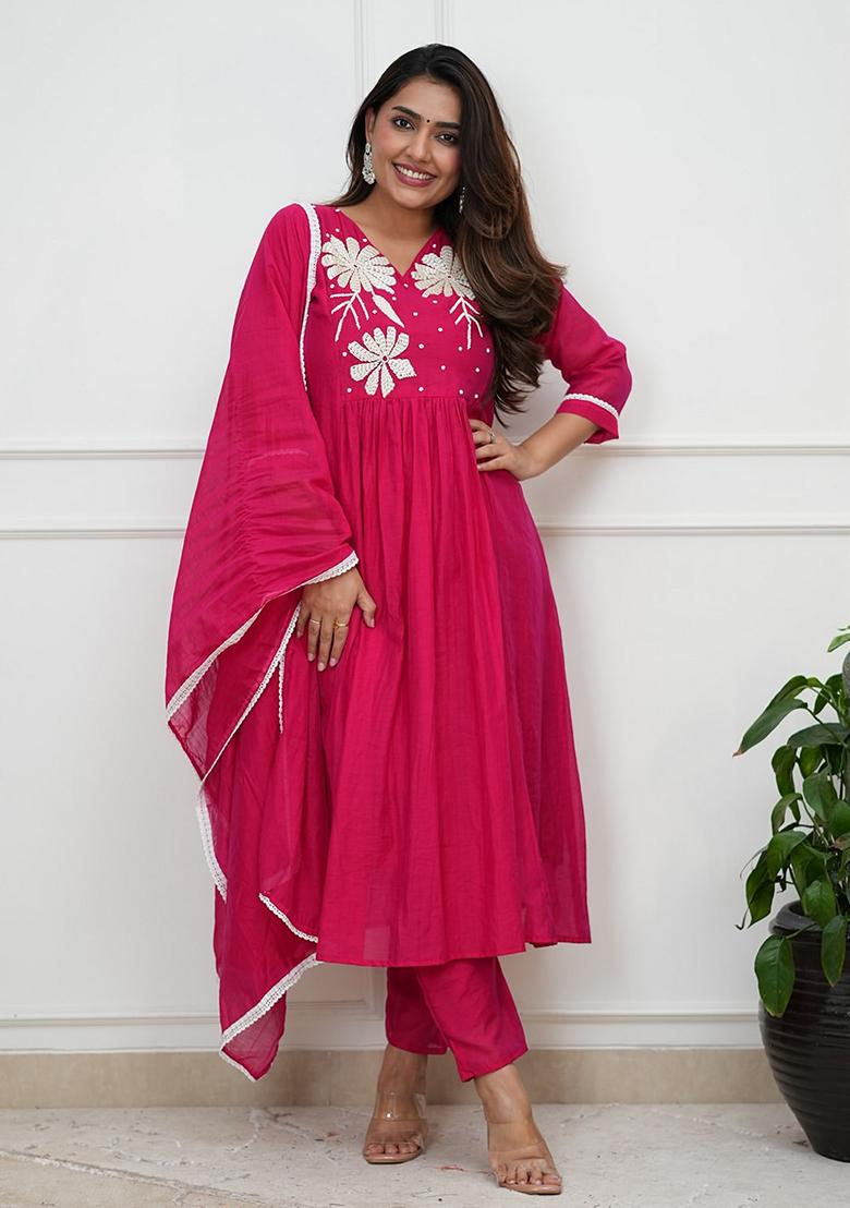 Pink Embroidery Silk Kurta Set - Indya