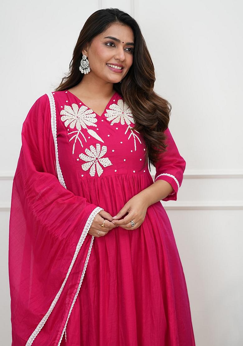Pink Embroidery Silk Kurta Set - Indya