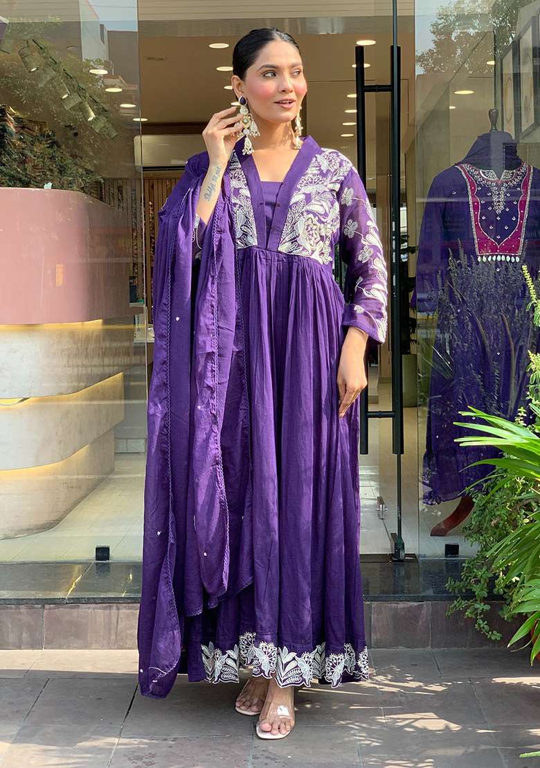 Lavender Embroidered Silk Anarkali Set - Indya