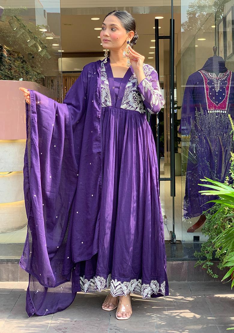 Lavender Embroidery Silk Kurta Set - Indya