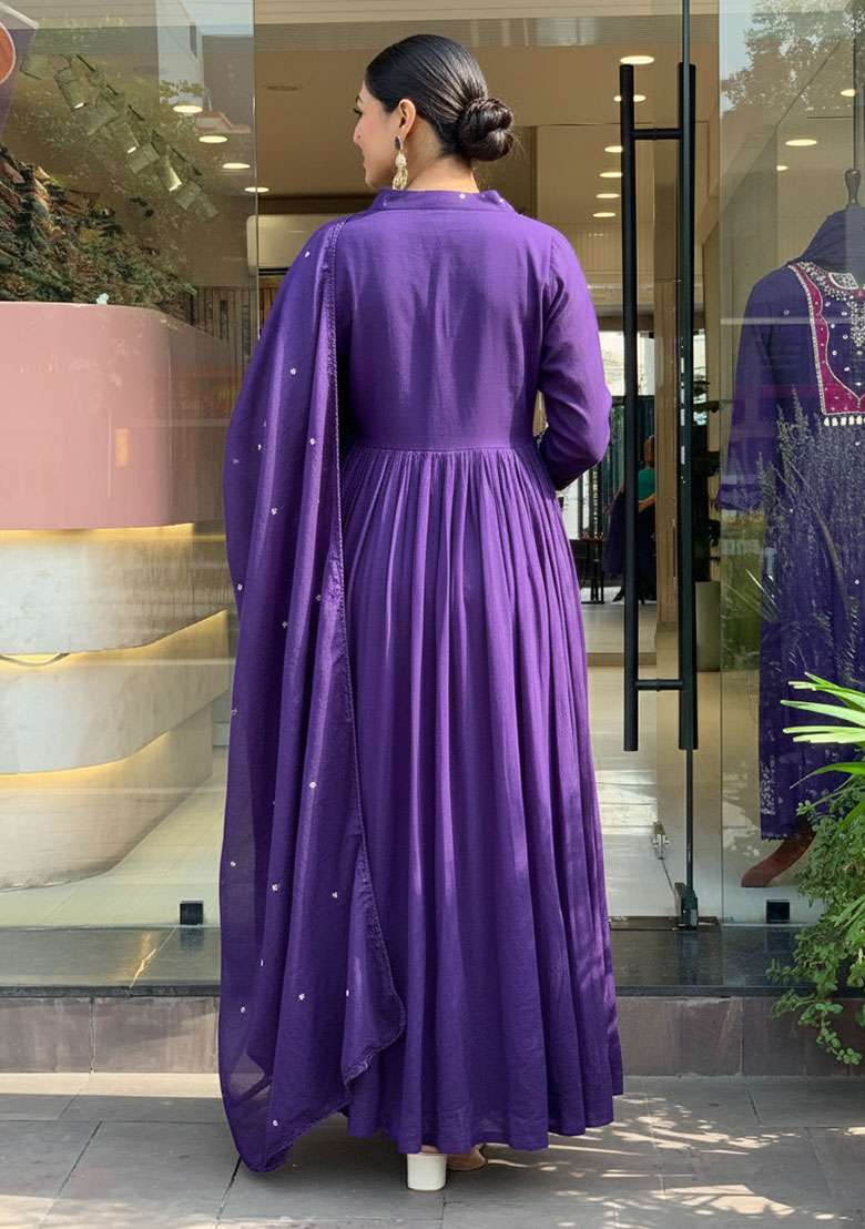 Lavender Embroidered Silk Anarkali Set - Indya