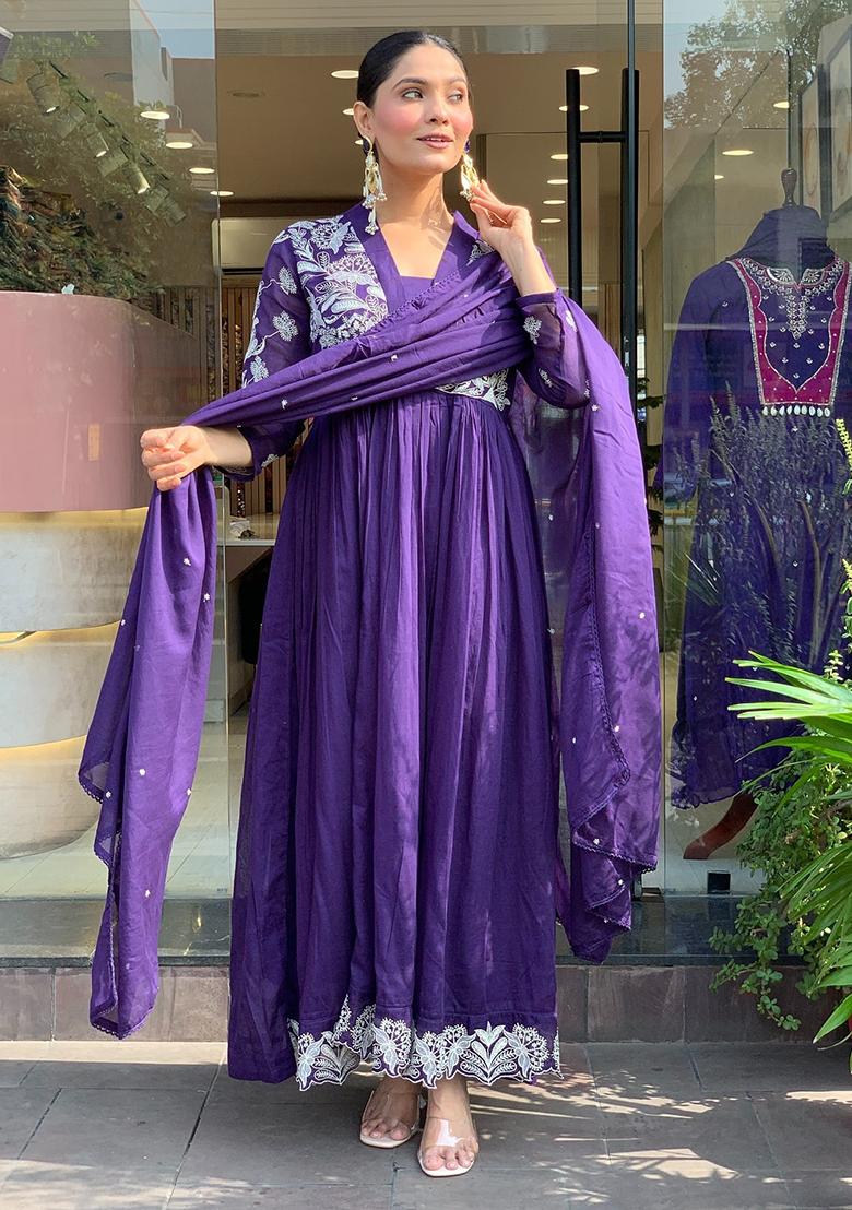 Lavender Embroidery Silk Kurta Set - Indya