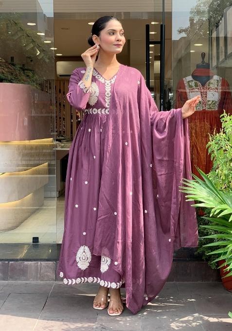 Purple Embroidery Chanderi Kurta Set