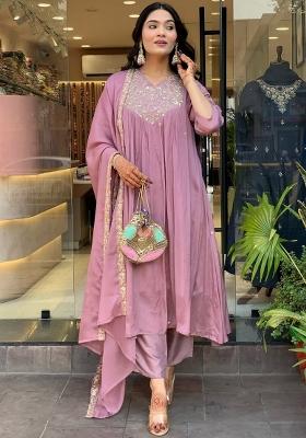 Mauve Embroidery Chiffon Kurta Set