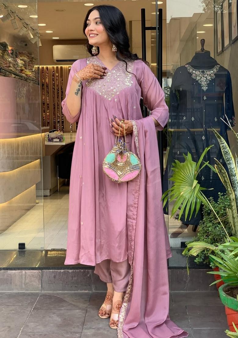 Mauve Embroidery Chiffon Kurta Set - Indya