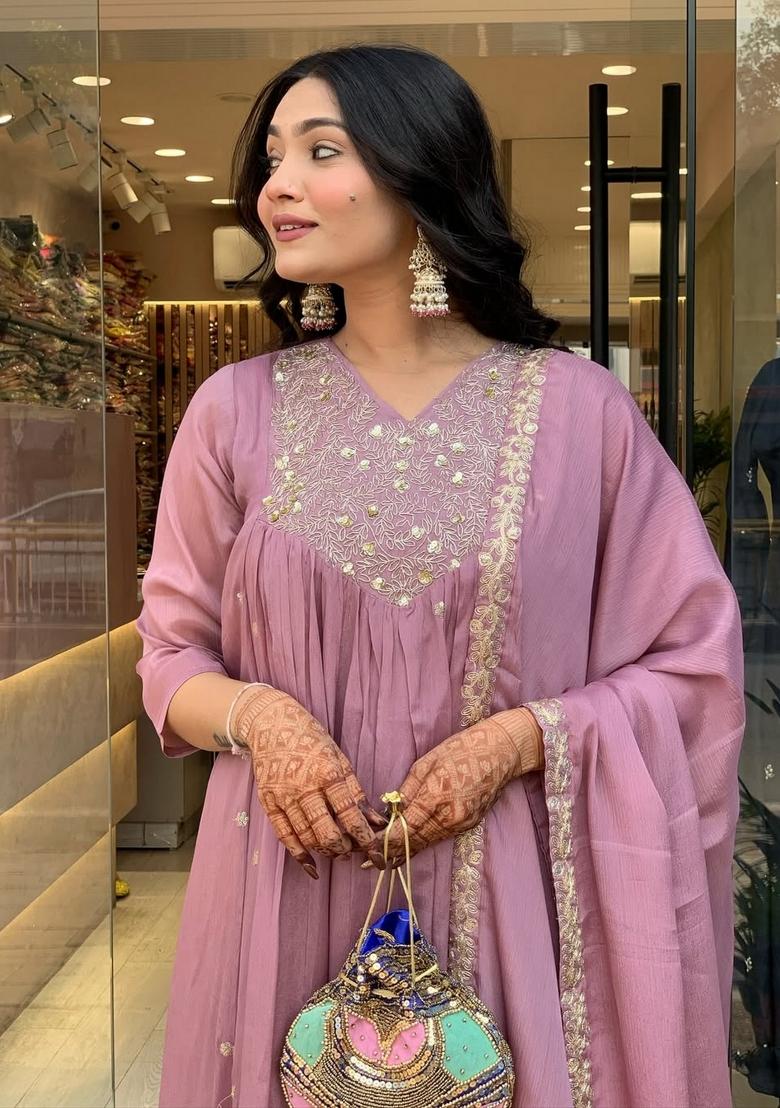 Mauve Embroidery Chiffon Kurta Set - Indya