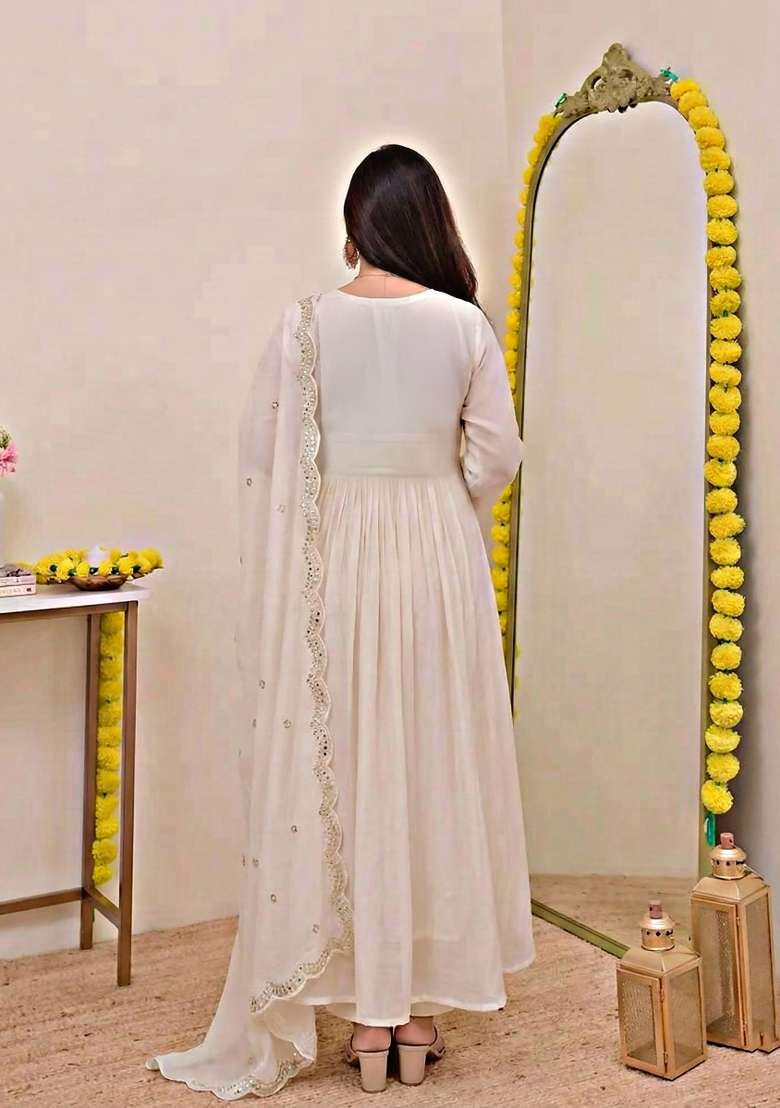 Cream Embroidered Chanderi Anarkali Set - Indya