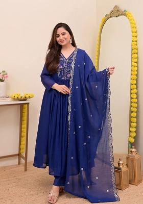 Blue Embroidery Chanderi Kurta Set