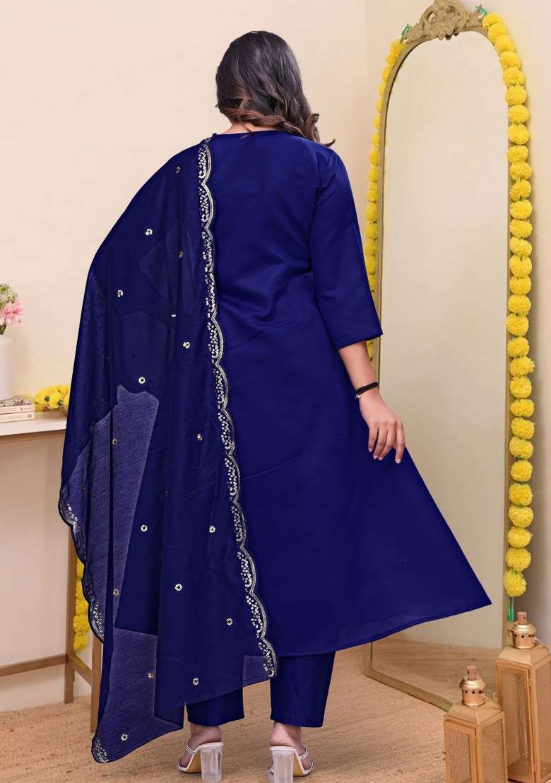 Blue Embroidered Chanderi Anarkali Set - Indya