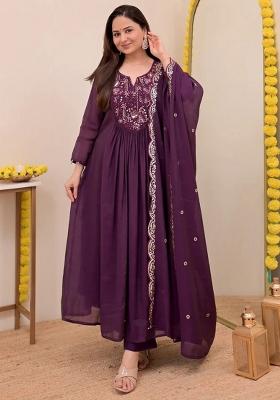 Wine Embroidery Chanderi Kurta Set