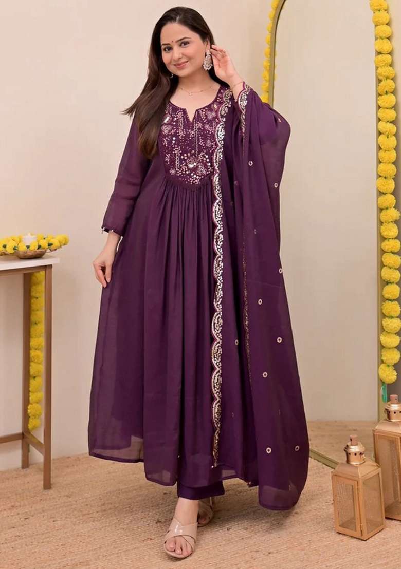Wine Embroidered Chanderi Anarkali Set - Indya