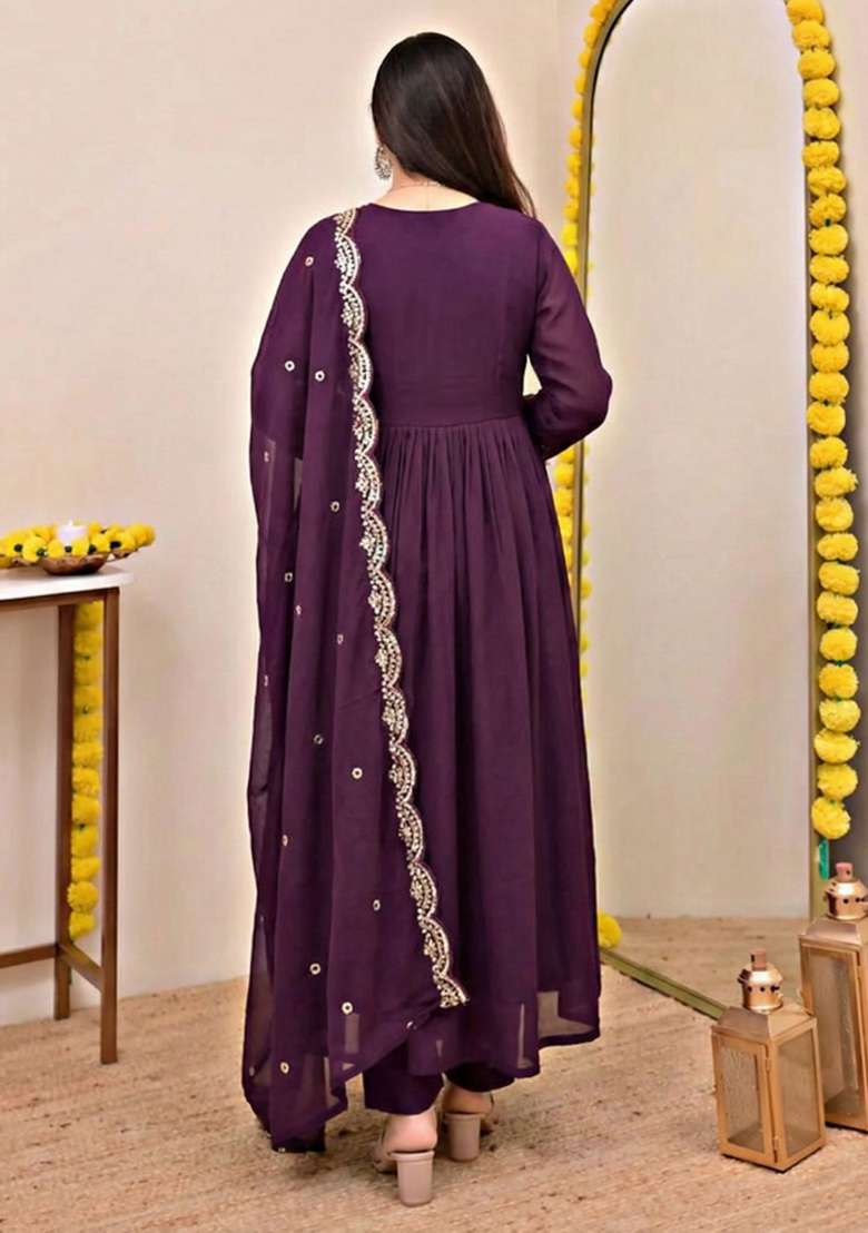 Wine Embroidered Chanderi Anarkali Set - Indya