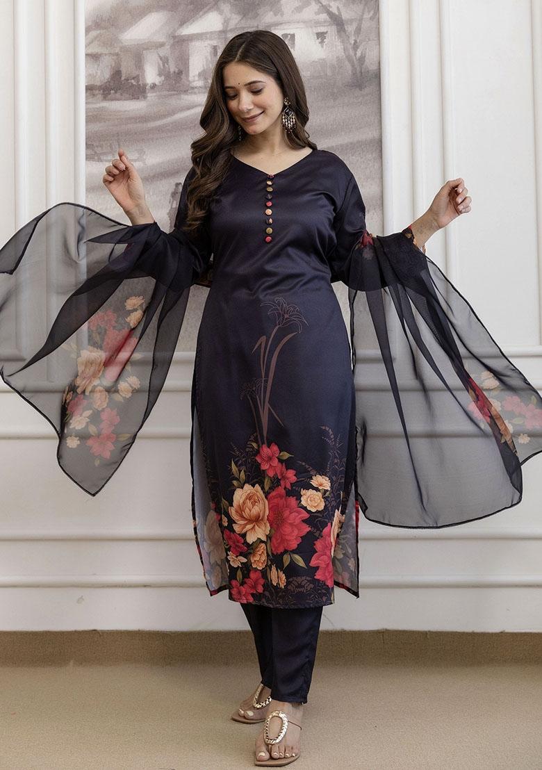 Black Abstract Print Silk Kurta Set - Indya