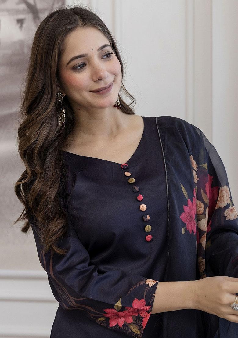 Black Abstract Print Silk Kurta Set - Indya